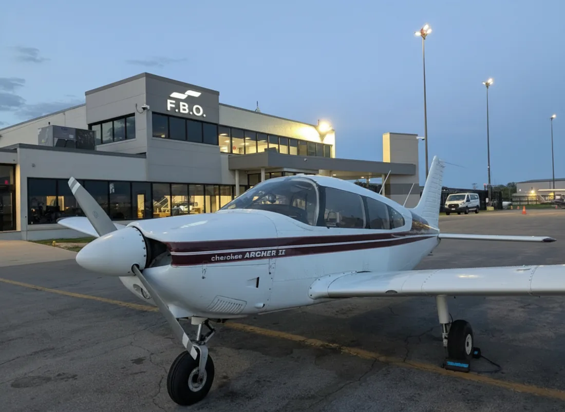 Cherokee Archer II parked on the ramp at dusk